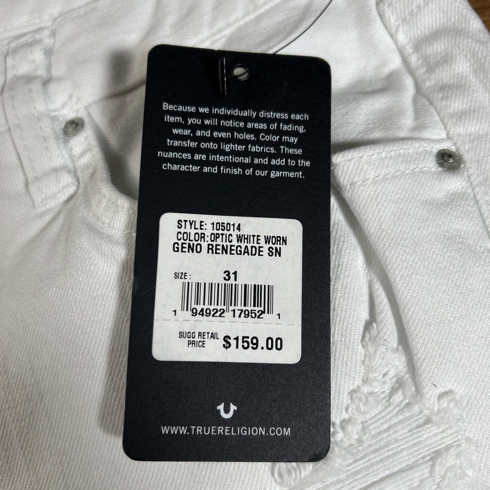 NWT True Religion Jeans Men's 31 White Geno Relaxed Slim Distressed Denim 33x33 - Picture 4 of 5